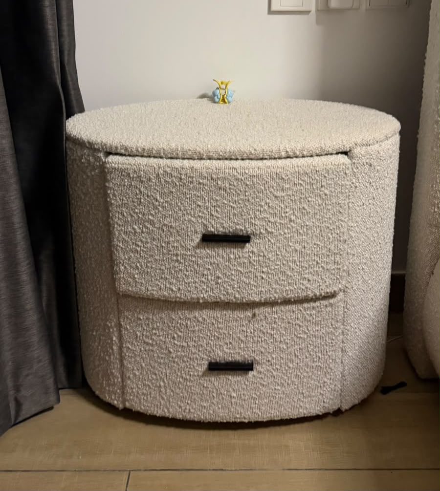 Cream textured two-drawer bedside table — one of the pair