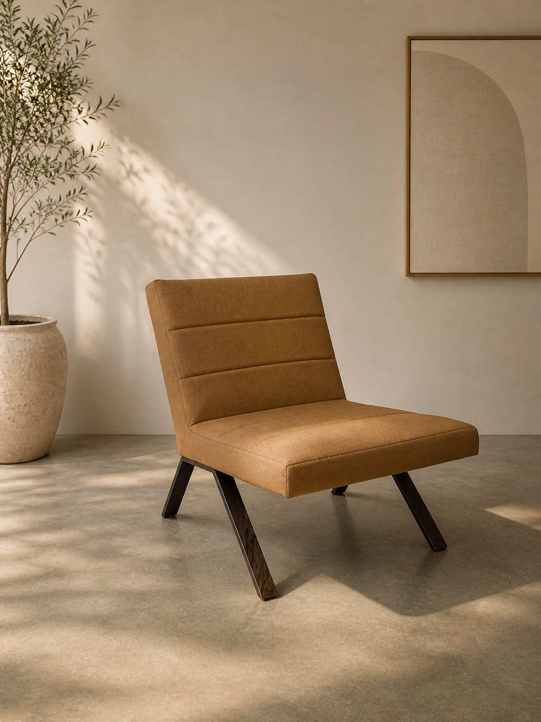 Lounge Chair — Tan Fabric, Dark Wood Legs